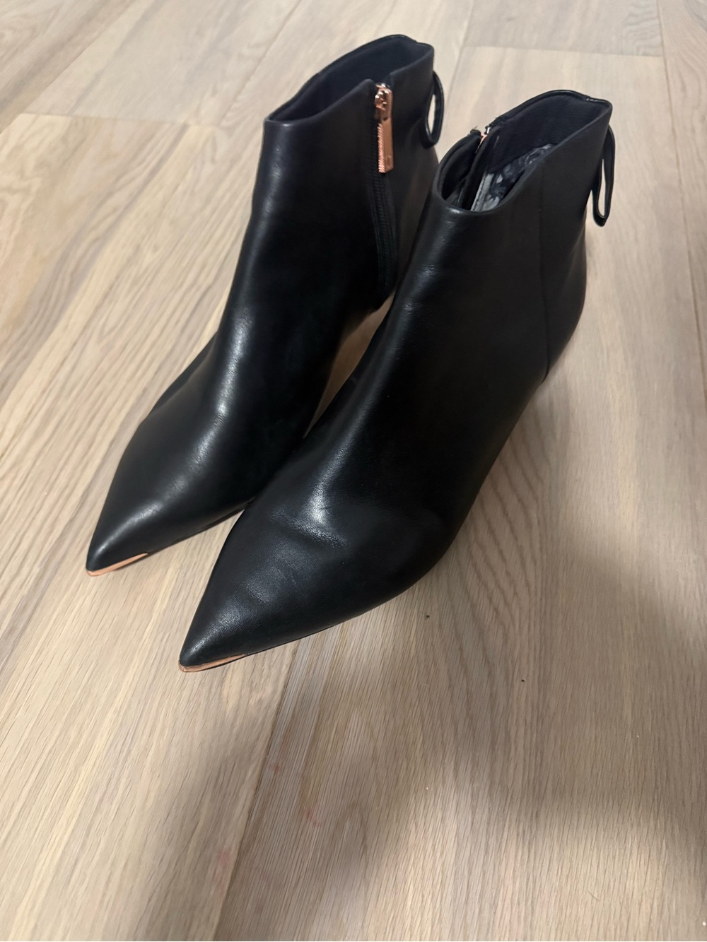 Ted Baker Black Leather Pointed Toe Ankle Booties with Rose GoldMetallic Accents